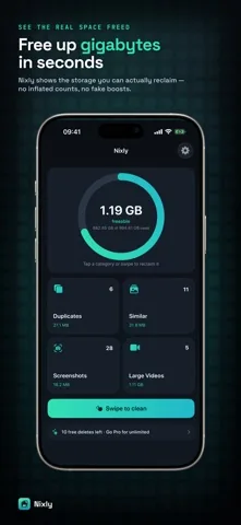 Nixly home screen showing a storage ring with 1.19 GB freeable and four category tiles.