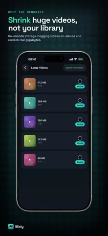 Large Videos list with five videos from 412 MB down to 96 MB, each with a Shrink button.